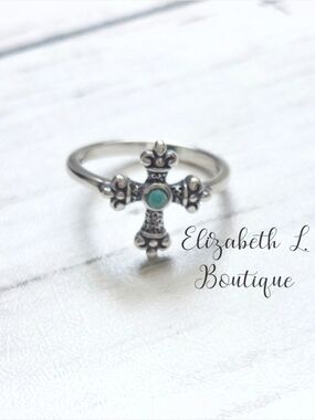 925 Sterling Silver Genuine Turquoise Cross Design Ring Boutique New!
